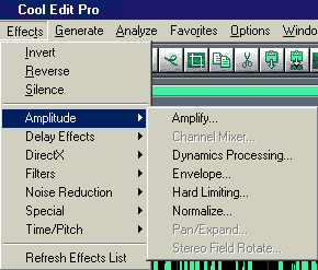 Le sous-menu Amplitude du menu Effects de Cool Edit Pro